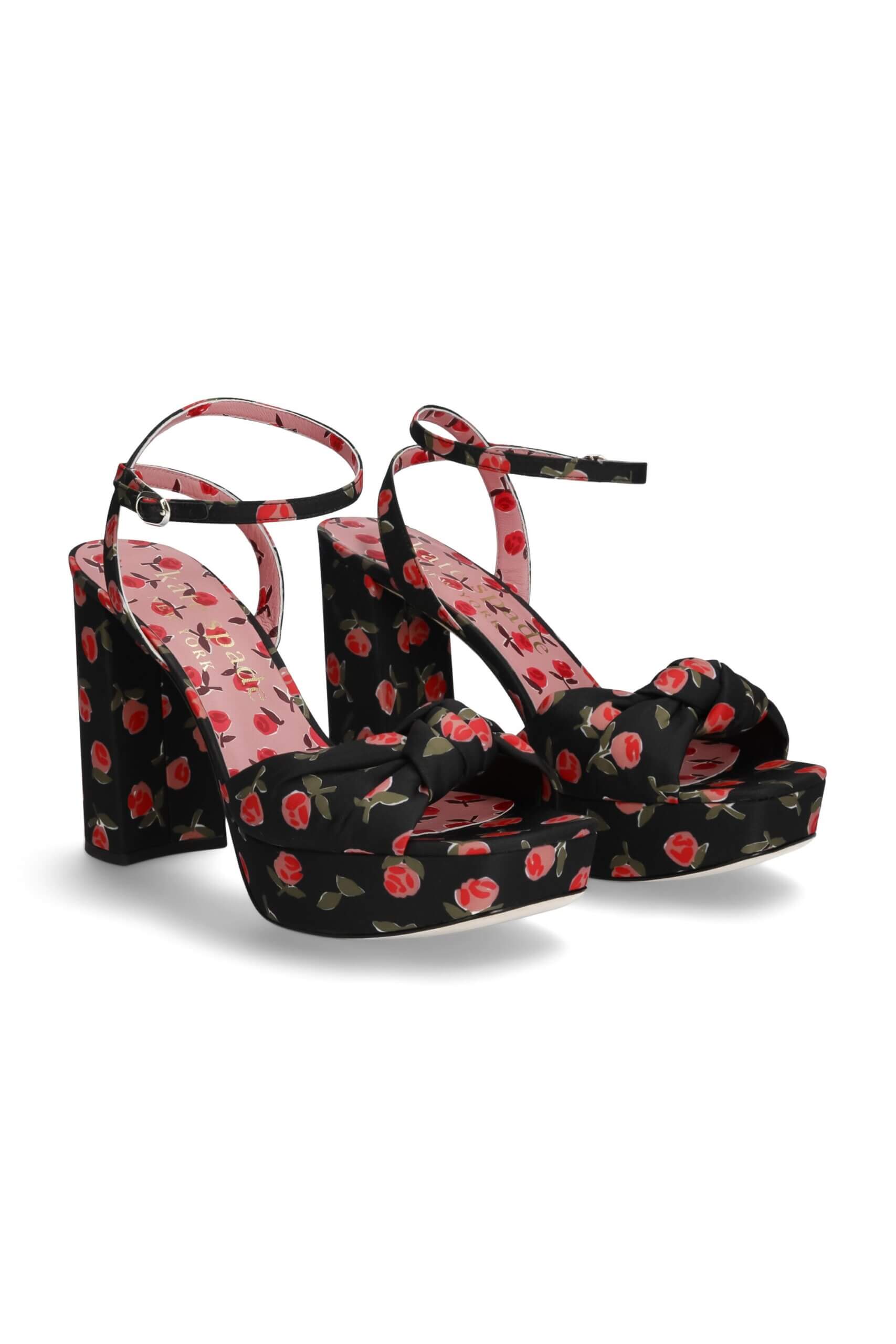Stitch Fix women’s black, pink, red and green floral platform heels.