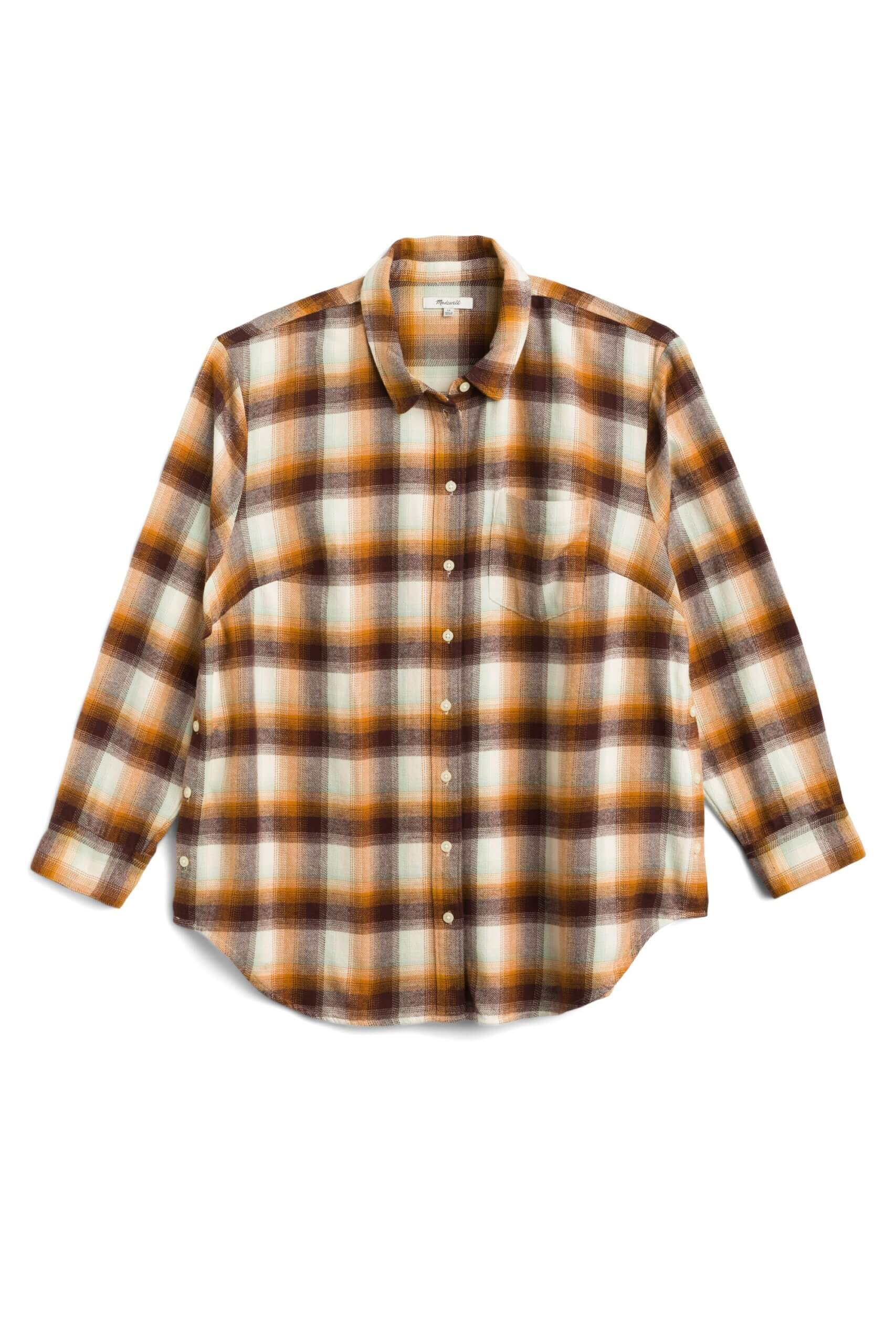 Stitch Fix women's brown plaid button-down flannel.