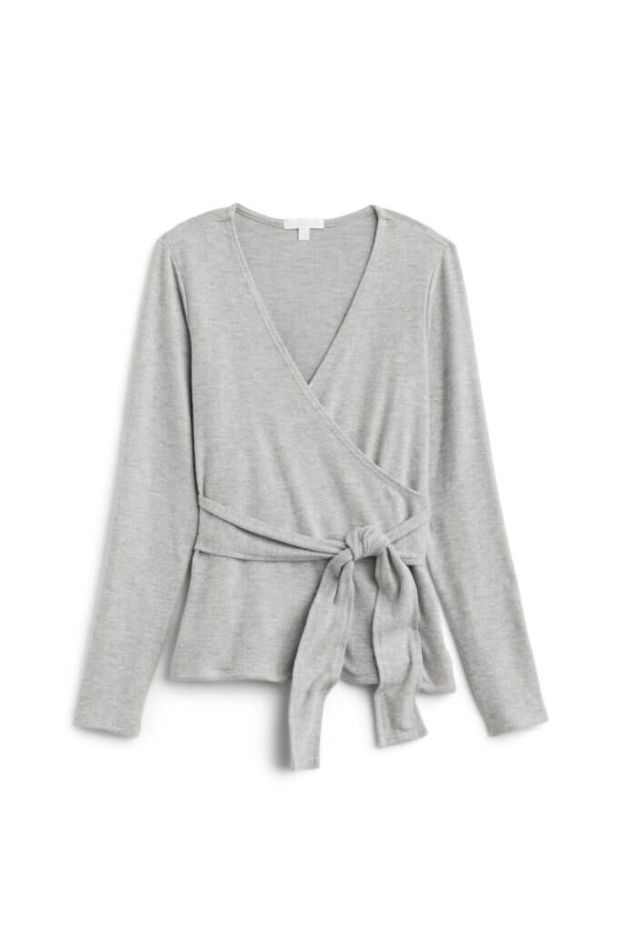 Stitch Fix women's grey wrap front sweater.