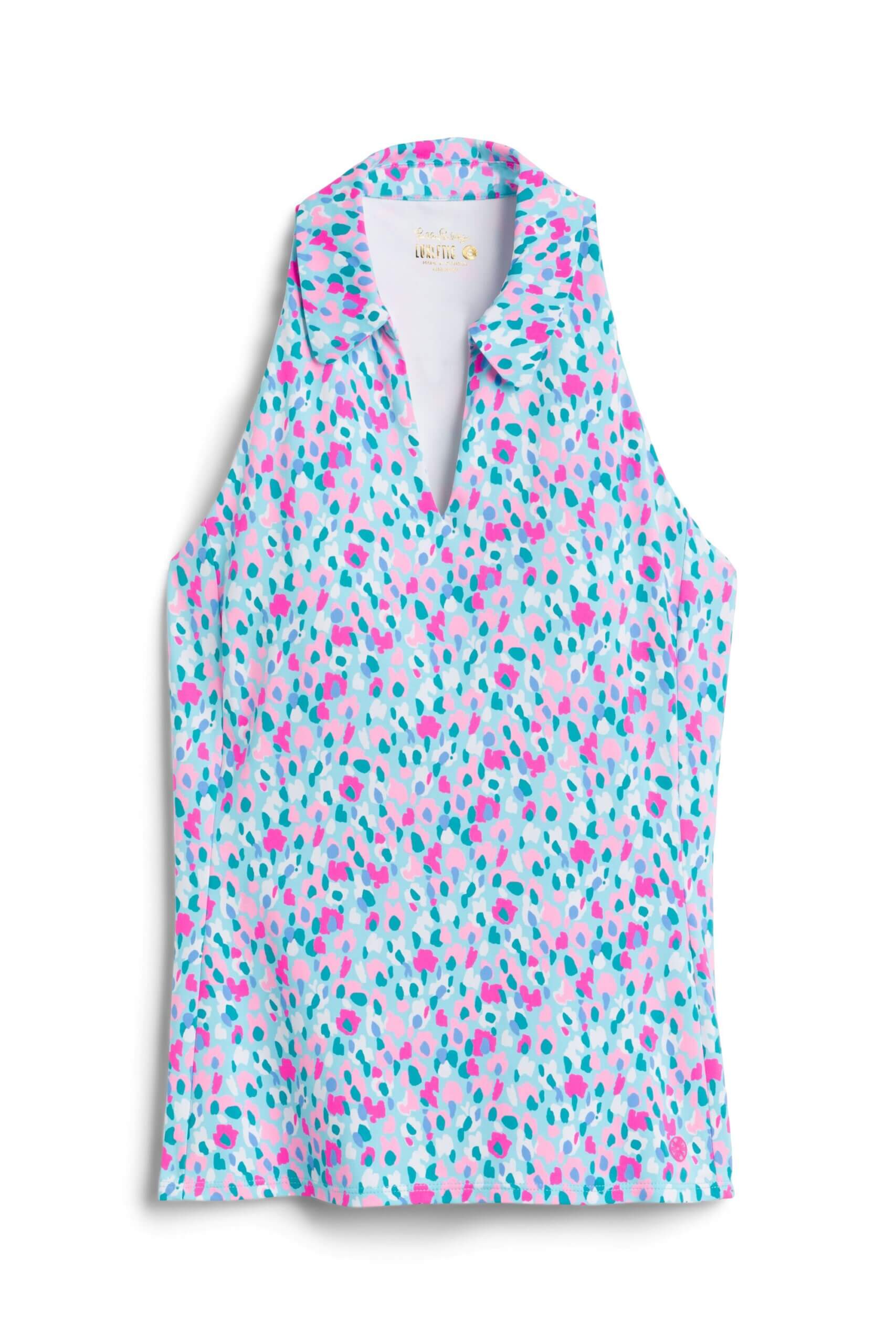Stitch Fix women’s blue, pink and green printed sleeveless polo.