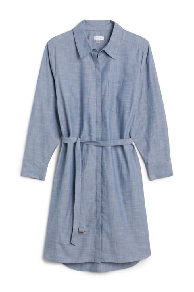Stitch Fix women's preppy style blue chambray shirtdress.
