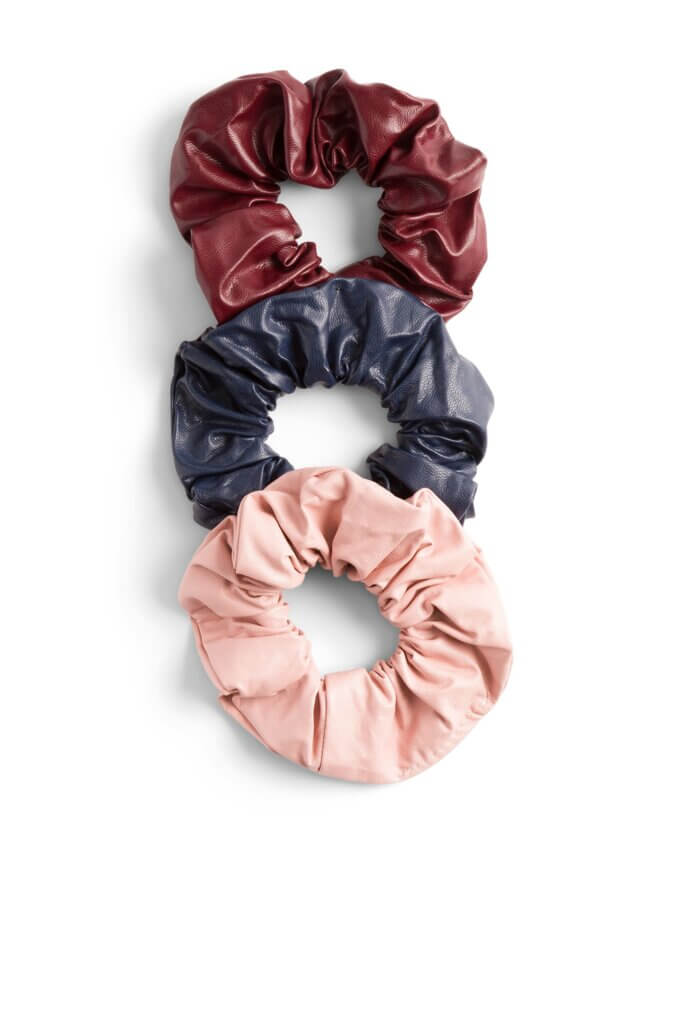 Stitch Fix women’s set of three burgundy, navy and pink leather scrunchies.