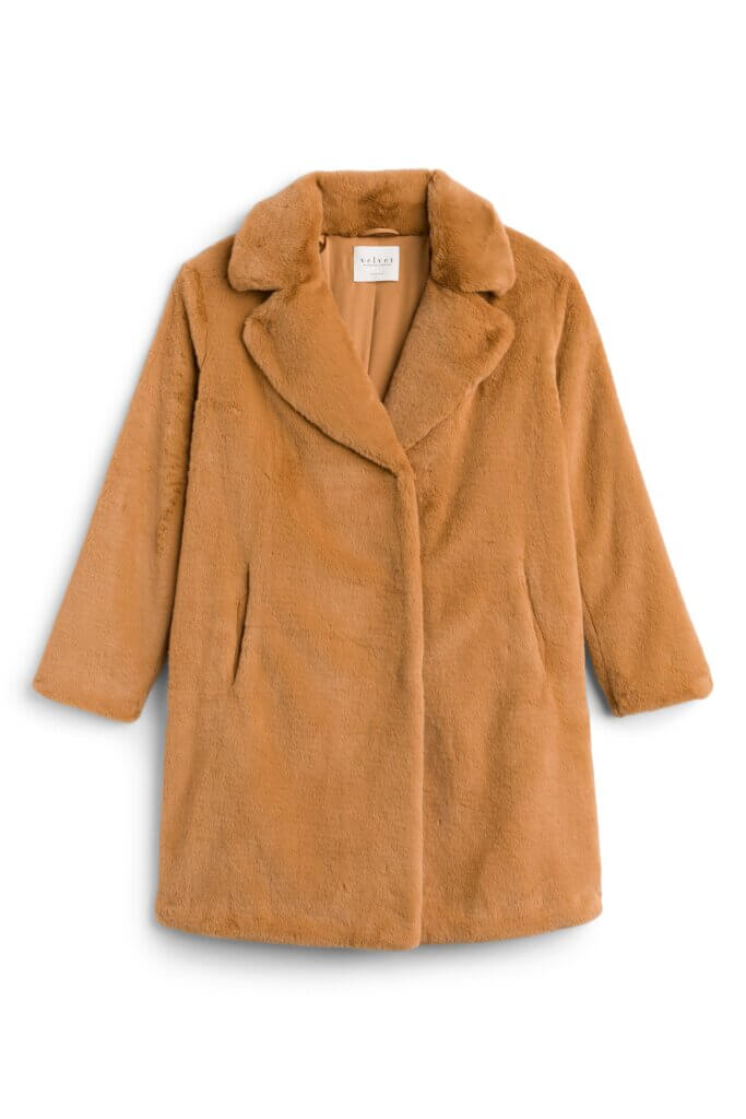 Stitch Fix women's fuzzy camel coat.