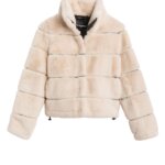 Stitch Fix women's edgy glam style beige faux-fur jacket.