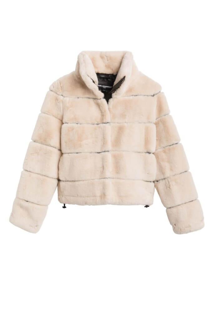 Stitch Fix women's edgy glam style beige faux-fur jacket.