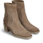 Stitch Fix women’s light brown suede Americana aesthetic booties with fringe and studs.