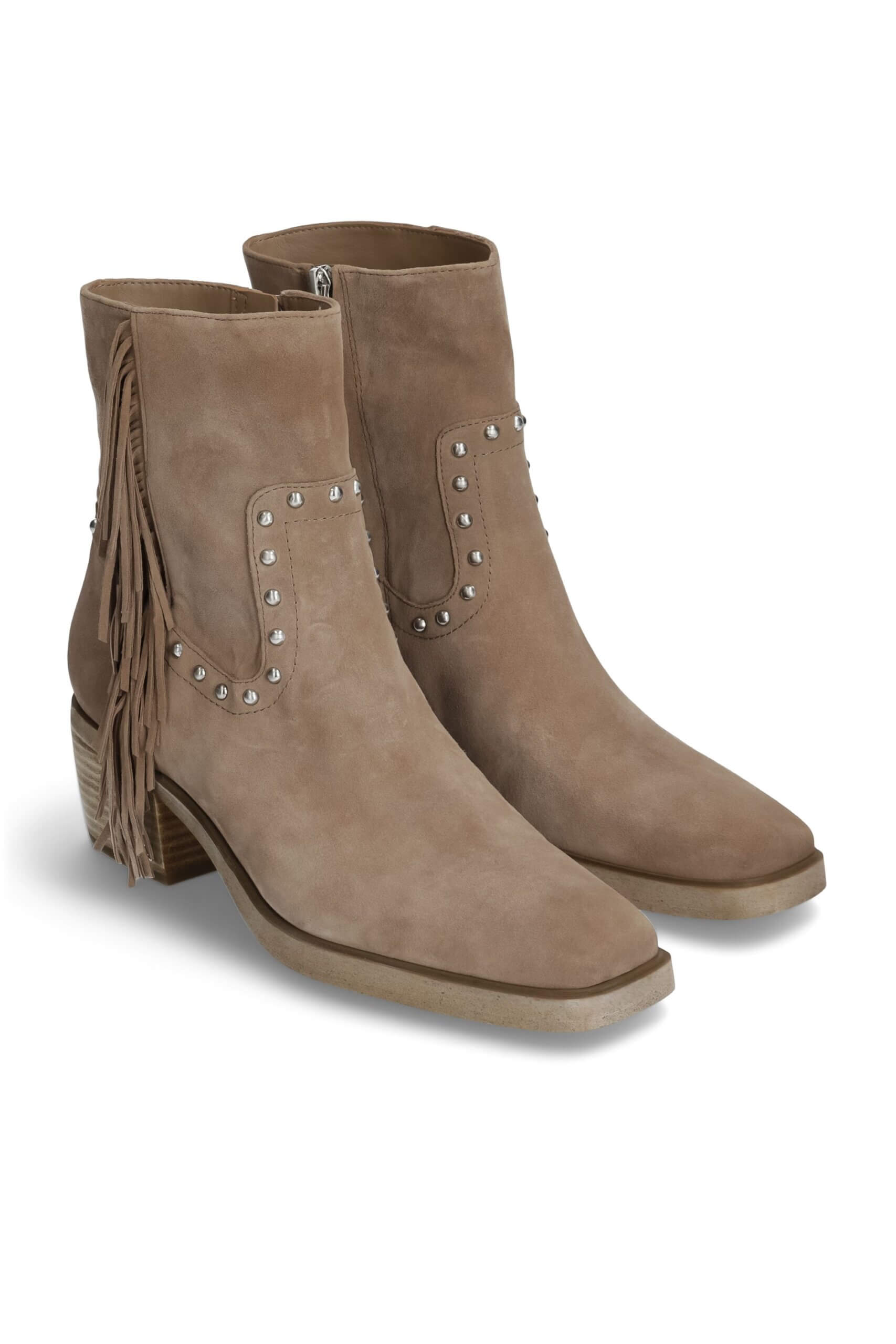 Stitch Fix women’s light brown suede Americana aesthetic booties with fringe and studs.