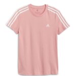 Stitch Fix women's pink short-sleeve tee with white stripes on shoulder and white brand logo.