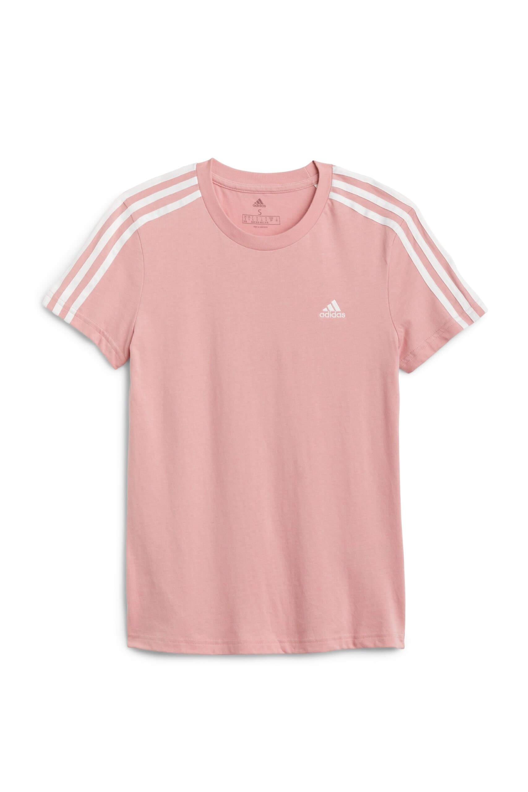 Stitch Fix women's pink short-sleeve tee with white stripes on shoulder and white brand logo.