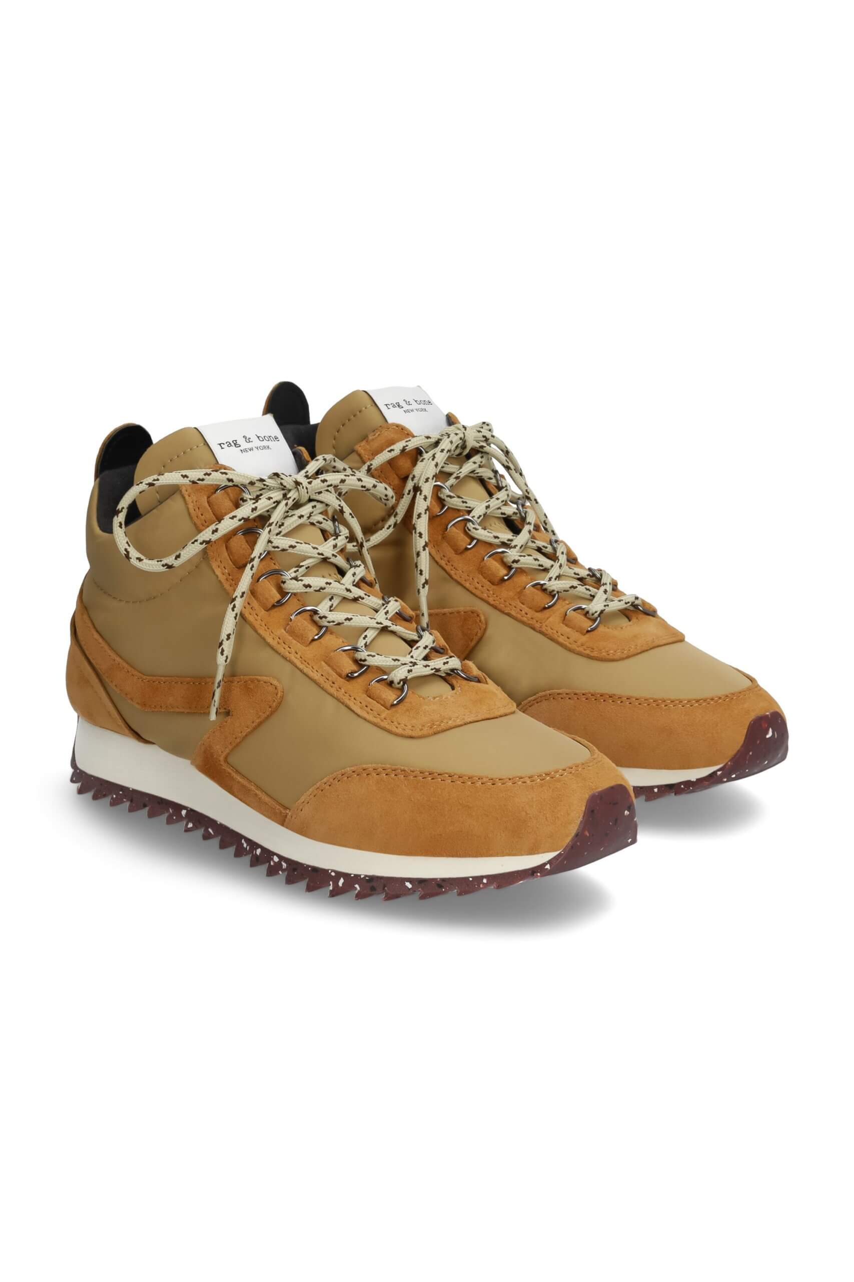Stitch Fix women’s cognac suede and tan lace-up hiking sneakers.