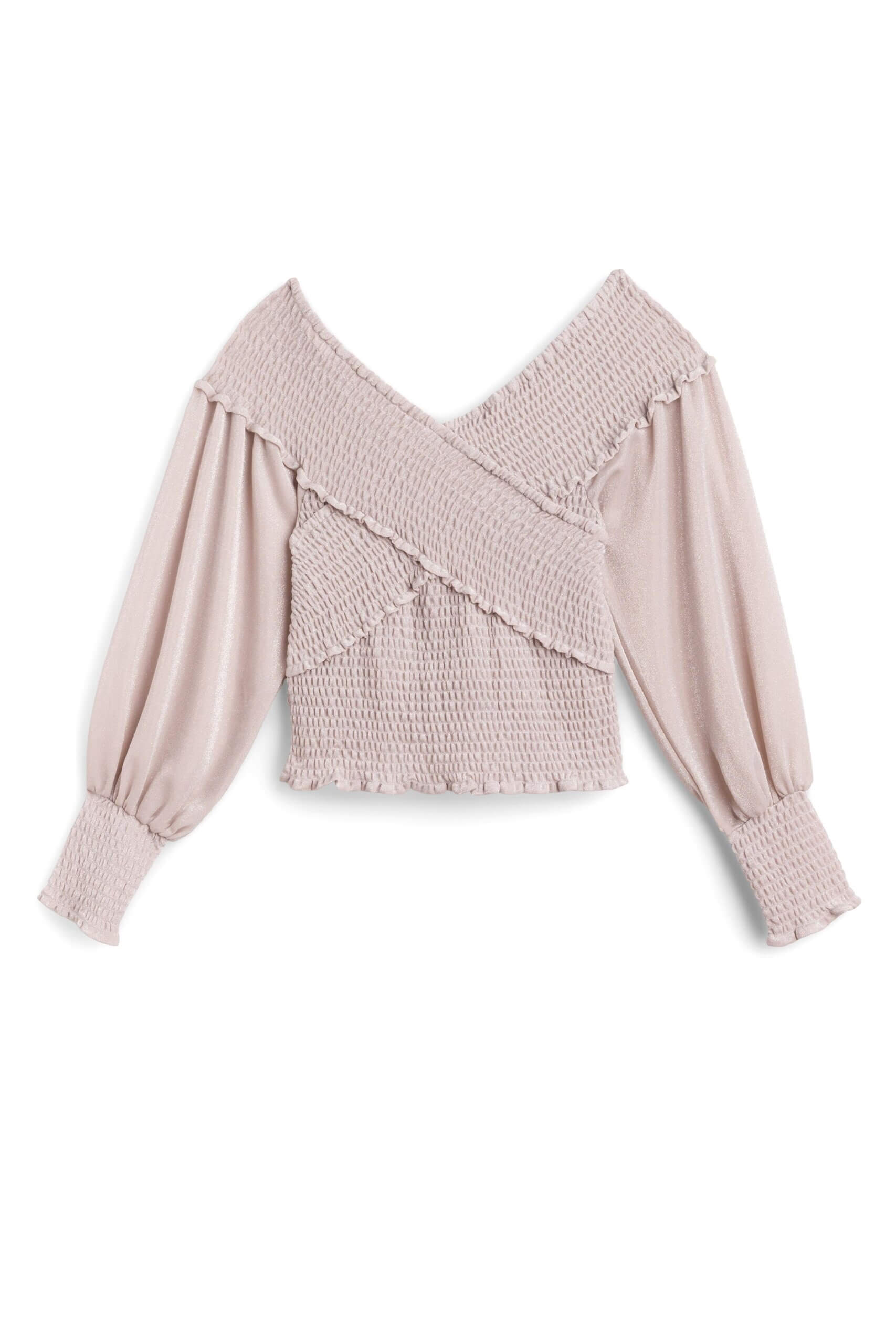 Stitch Fix women’s pale pink top with cross-front smocking and sleeves.