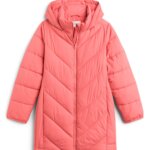Stitch Fix women’s pink long-line zip-up puffer jacket with hood.