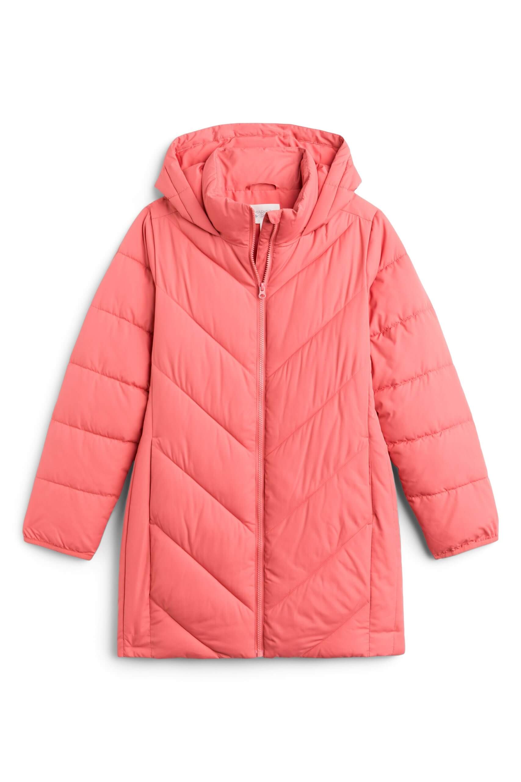 Stitch Fix women’s pink long-line zip-up puffer jacket with hood.