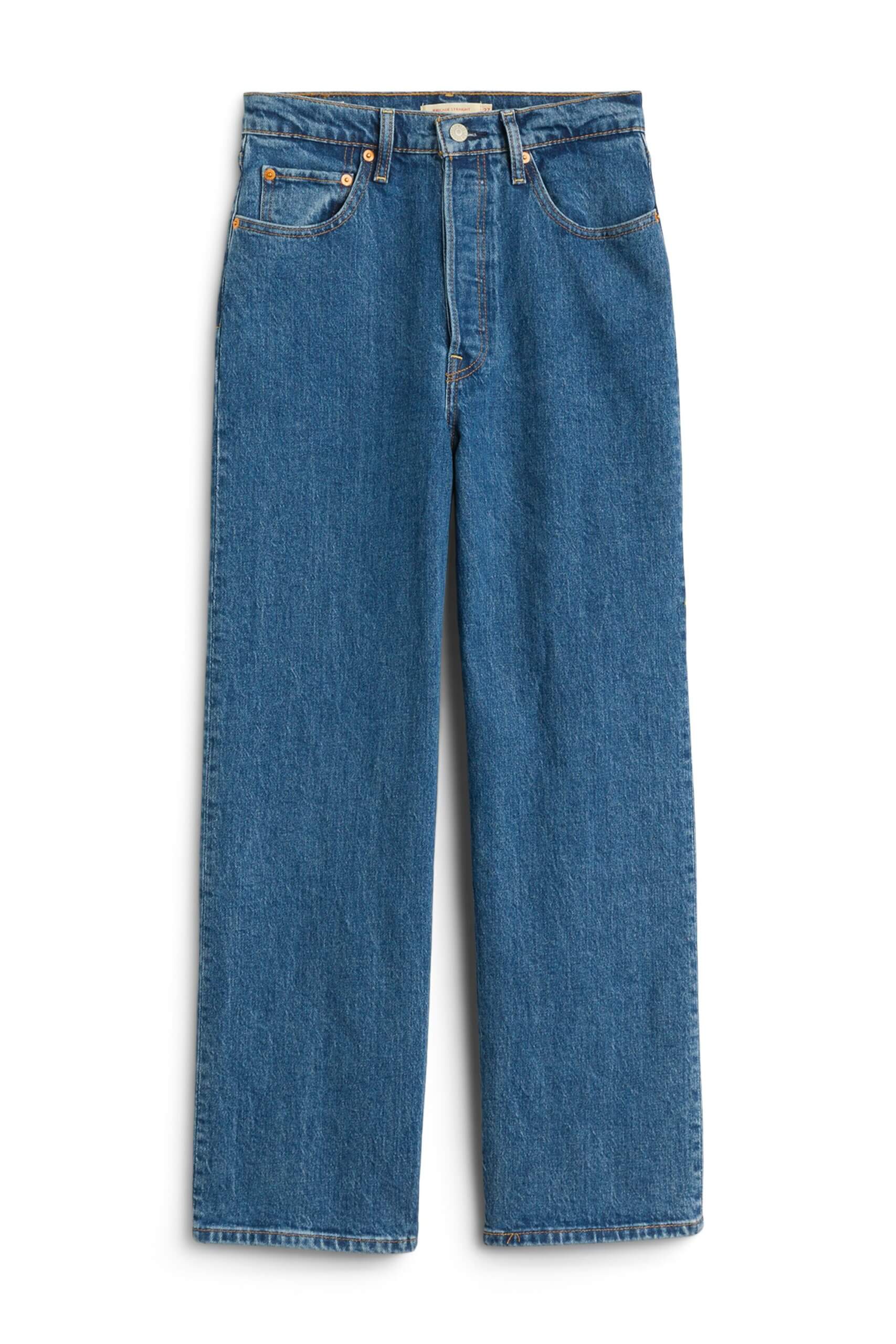 Stitch Fix straight-leg blue jeans with copper hardware.