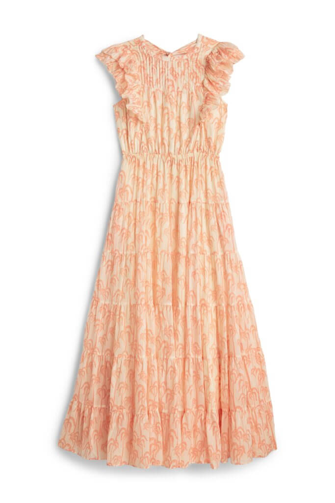 Stitch Fix women’s printed sleeveless maxi dress with ruffle and open back detail.