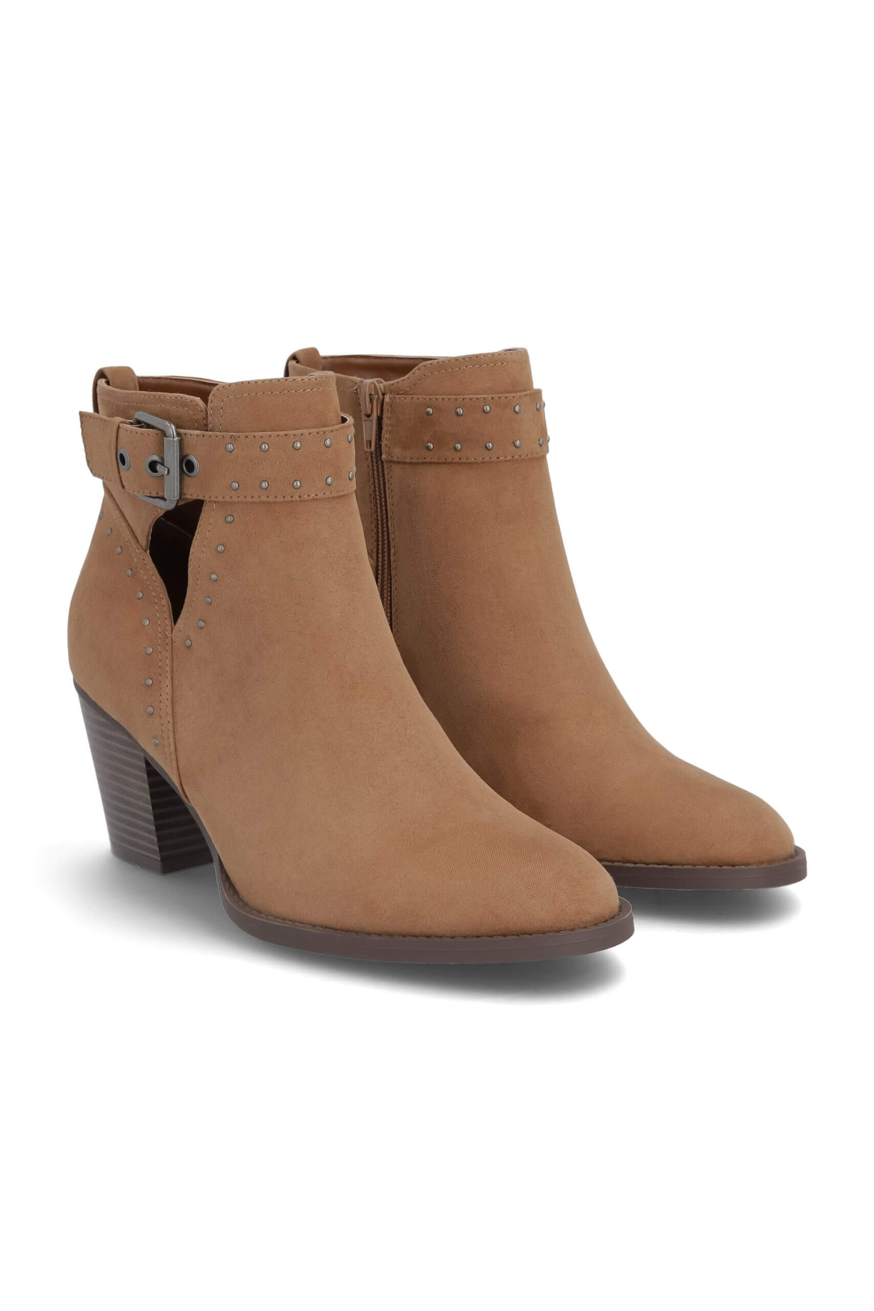 Stitch Fix women’s light brown suede Americana studded booties with heel.