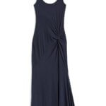 Stitch Fix women’s sleeveless maxi navy blue dress for a wedding with knot detail.