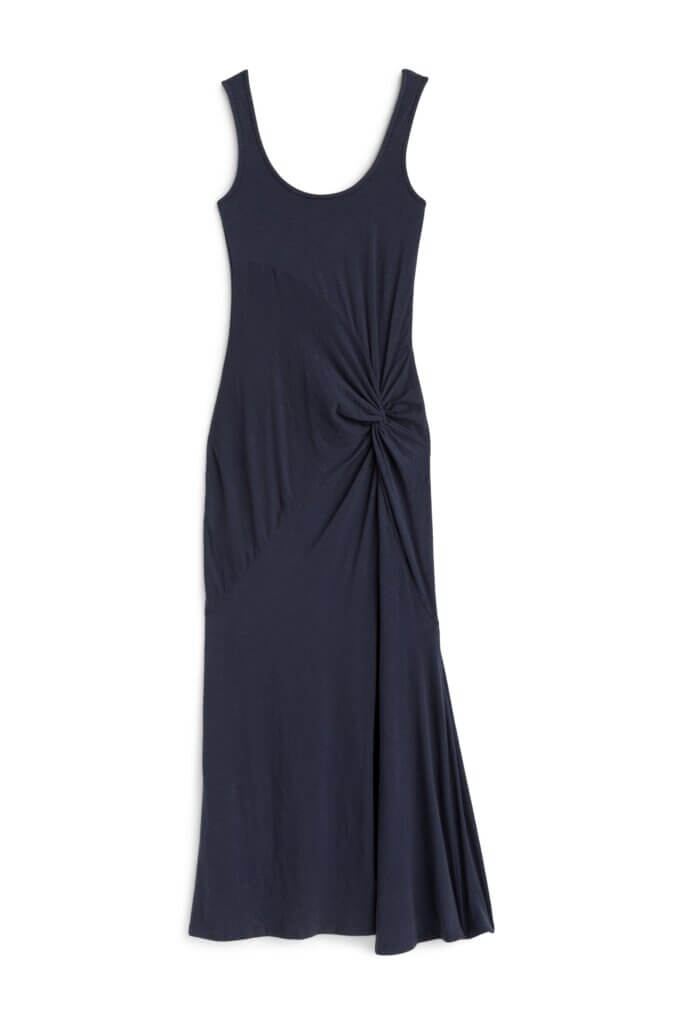 Stitch Fix women’s sleeveless maxi navy blue dress for a wedding with knot detail.