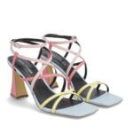 Stitch Fix women’s little white dress outfit shoes with pink and yellow straps and light blue square toe.