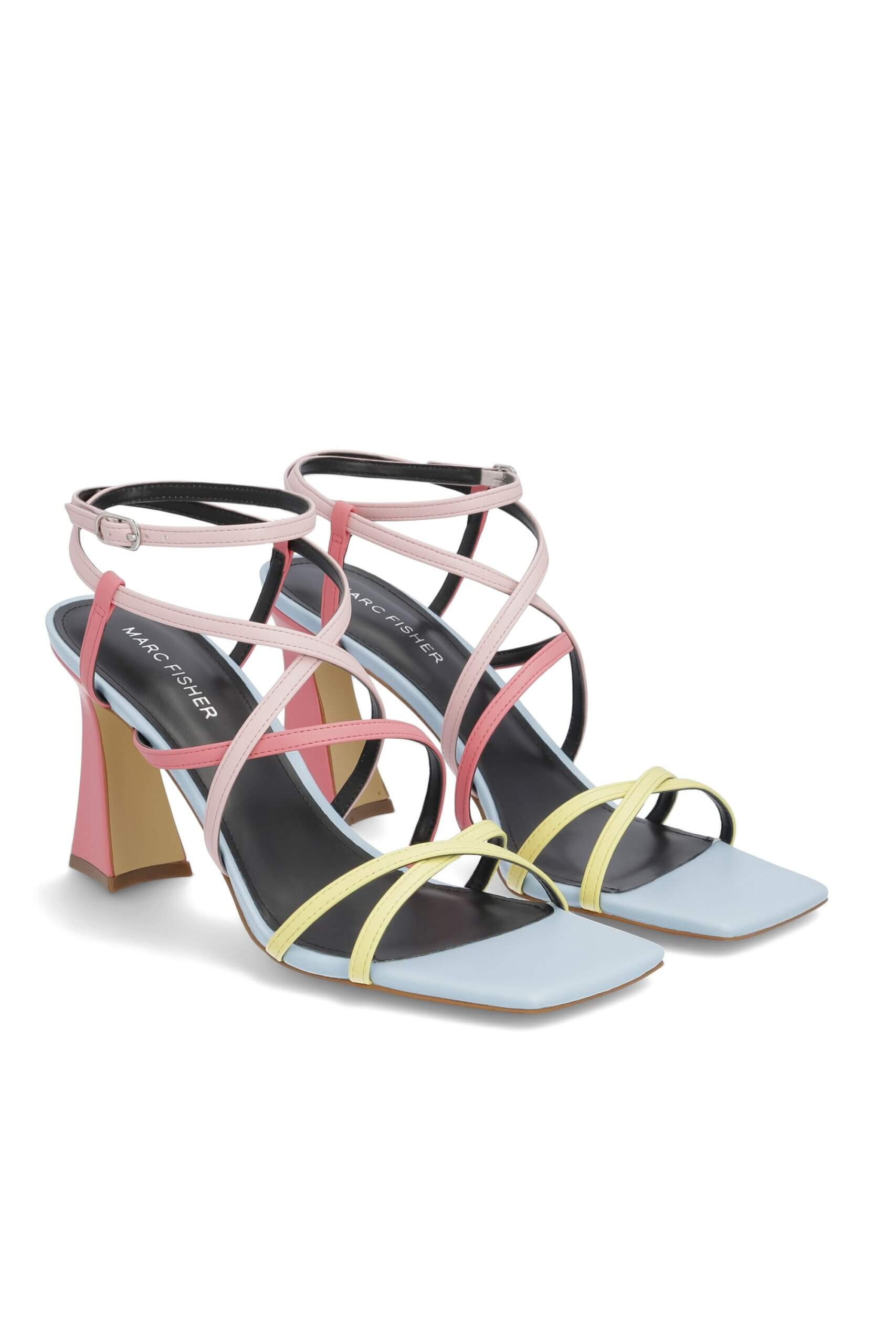 Stitch Fix women’s little white dress outfit shoes with pink and yellow straps and light blue square toe.