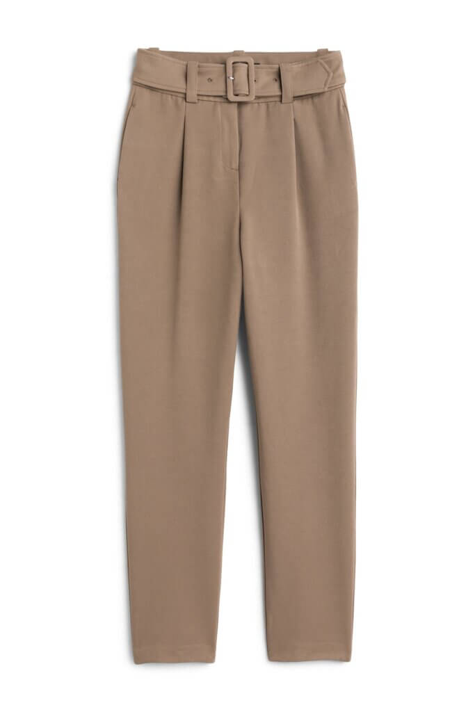 Stitch Fix women’s tan belted straight-leg trousers.