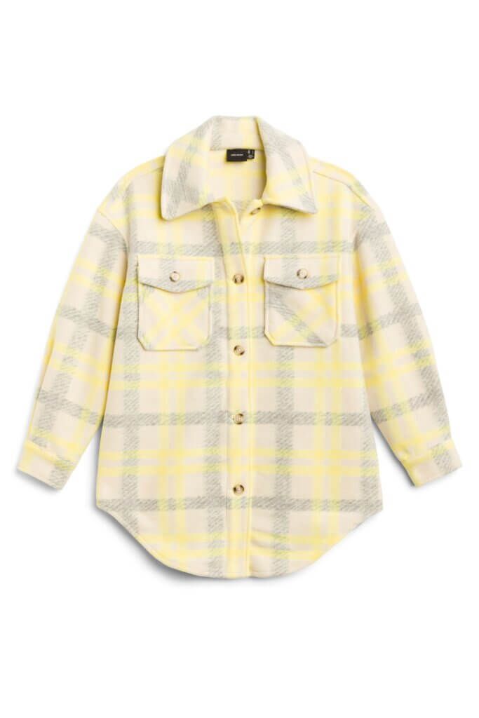 Stitch Fix women's yellow, white and grey preppy style plaid shacket.