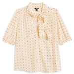 Stitch Fix women’s cream short sleeve polka dot tie neck blouse.