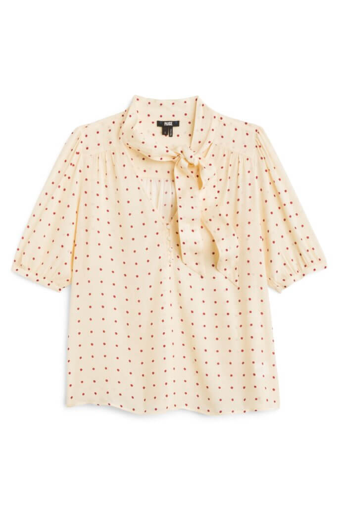 Stitch Fix women’s cream short sleeve polka dot tie neck blouse.