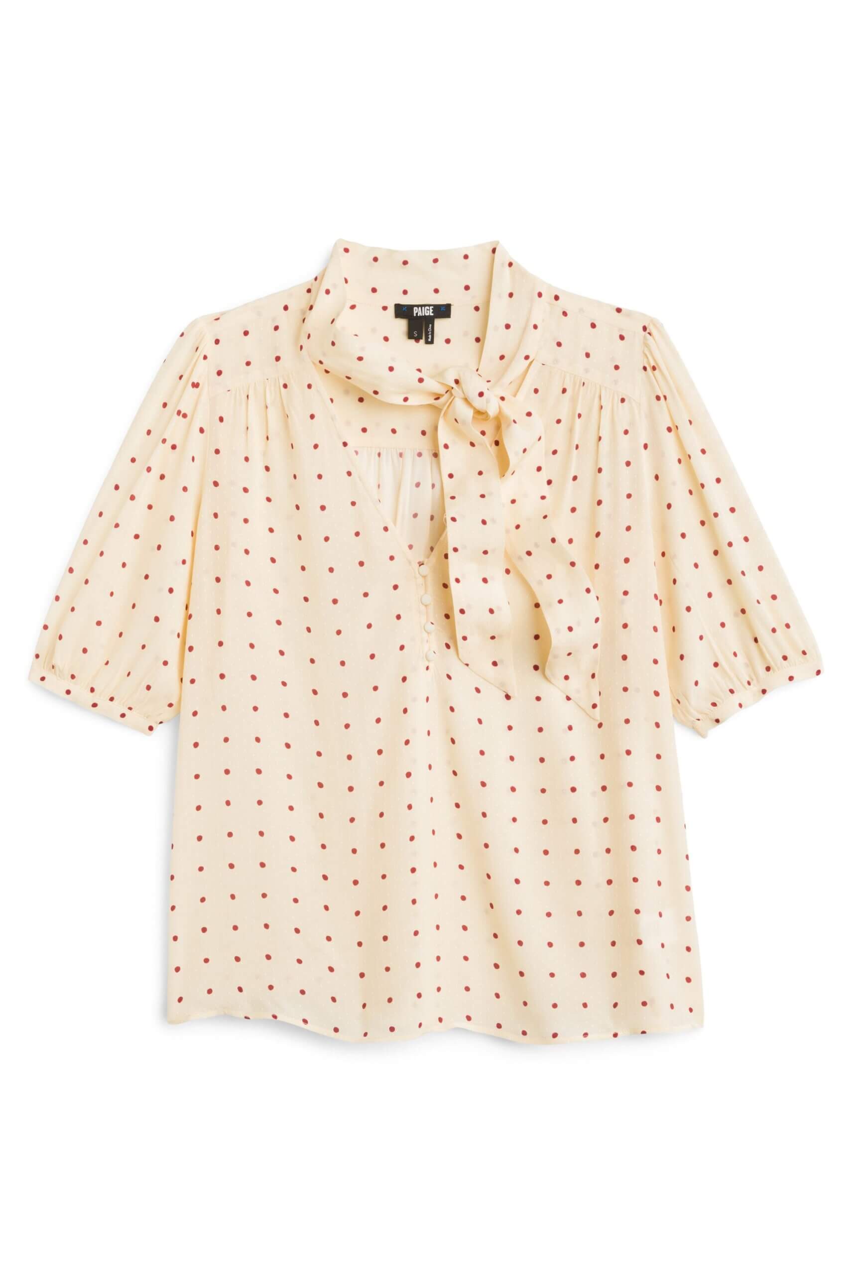 Stitch Fix women’s cream short sleeve polka dot tie neck blouse.