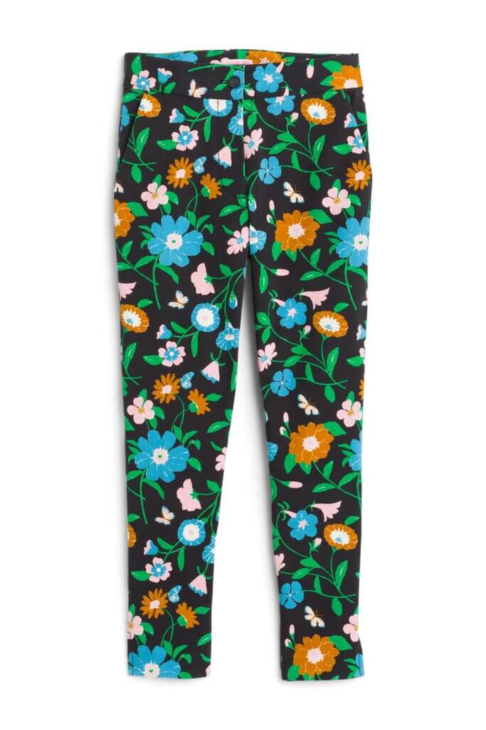 Stitch Fix women's black, blue, and orange floral print pants.