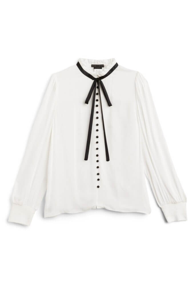 Stitch Fix women’s long-sleeved white button-down shirt with black buttons and black necktie detail.