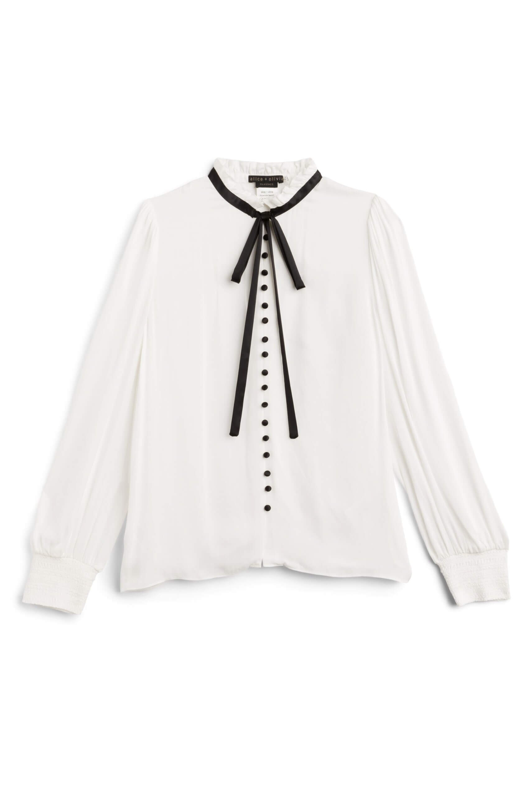Stitch Fix women’s long-sleeved white button-down shirt with black buttons and black necktie detail.