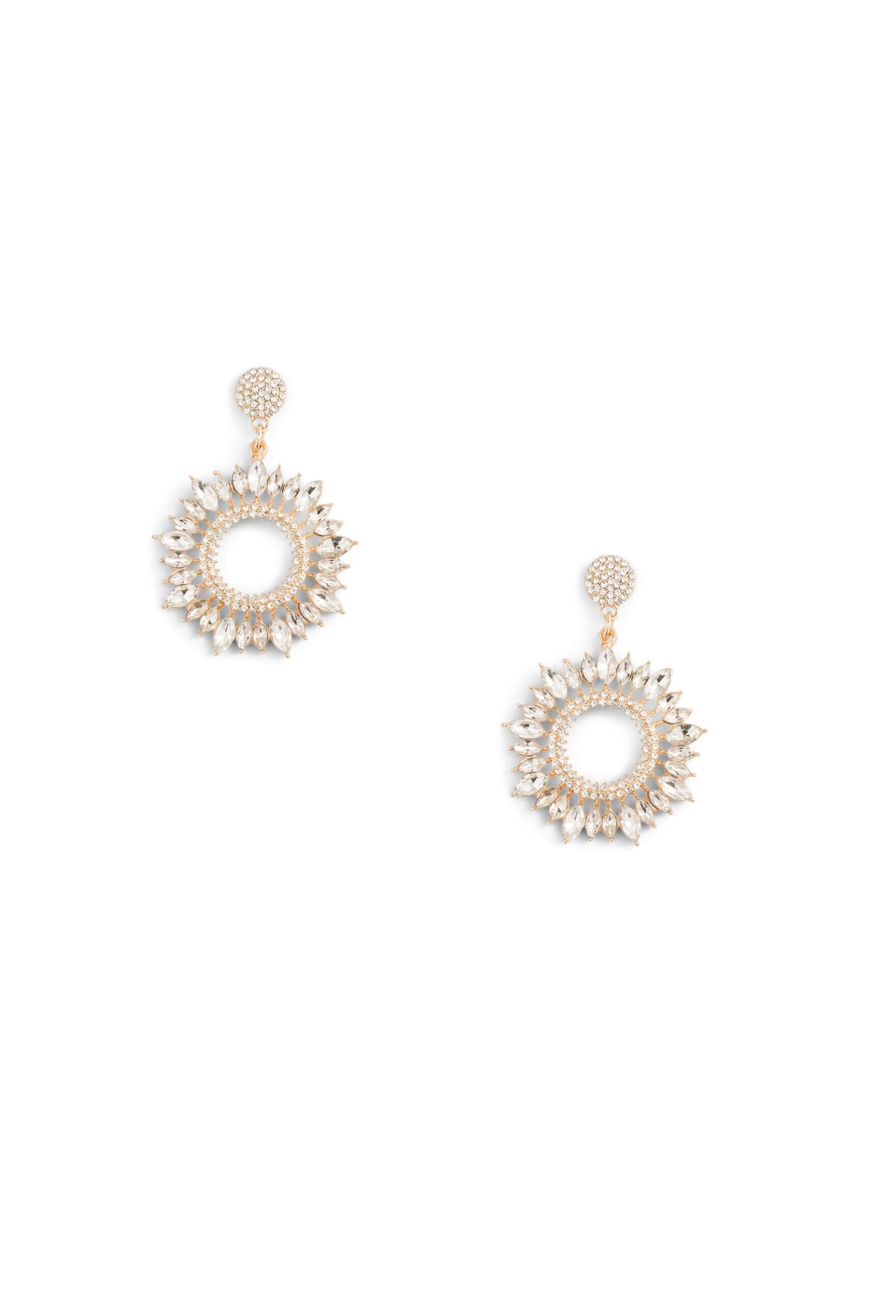 Stitch Fix women’s gold sun-shaped drop earrings with crystal details.