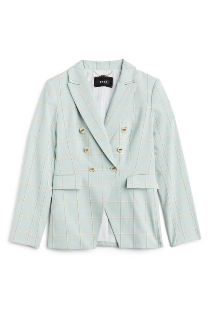 Stitch Fix women's light blue plaid blazer.
