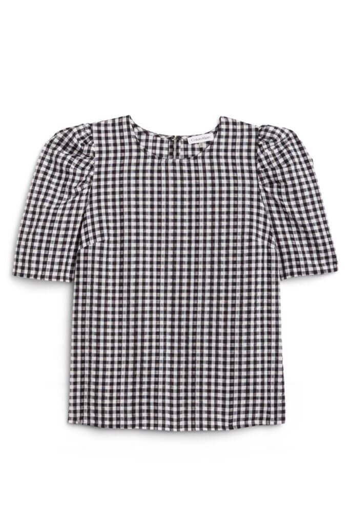 Stitch Fix women’s black and white short-sleeved gingham print blouse.