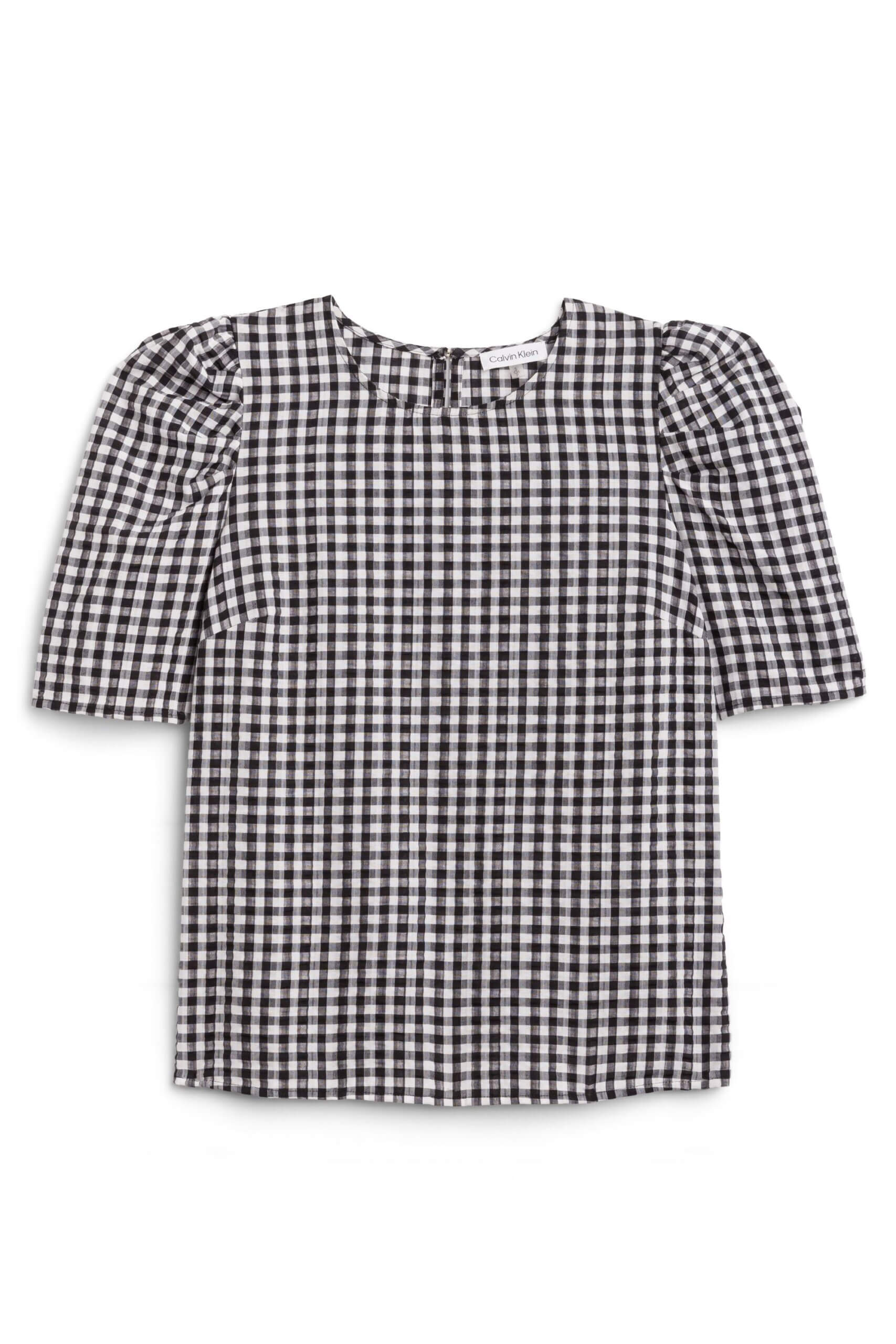 Stitch Fix women’s black and white short-sleeved gingham print blouse.