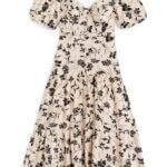 Stitch Fix women’s printed tiered maxi dress with puff sleeves and sweetheart neckline.