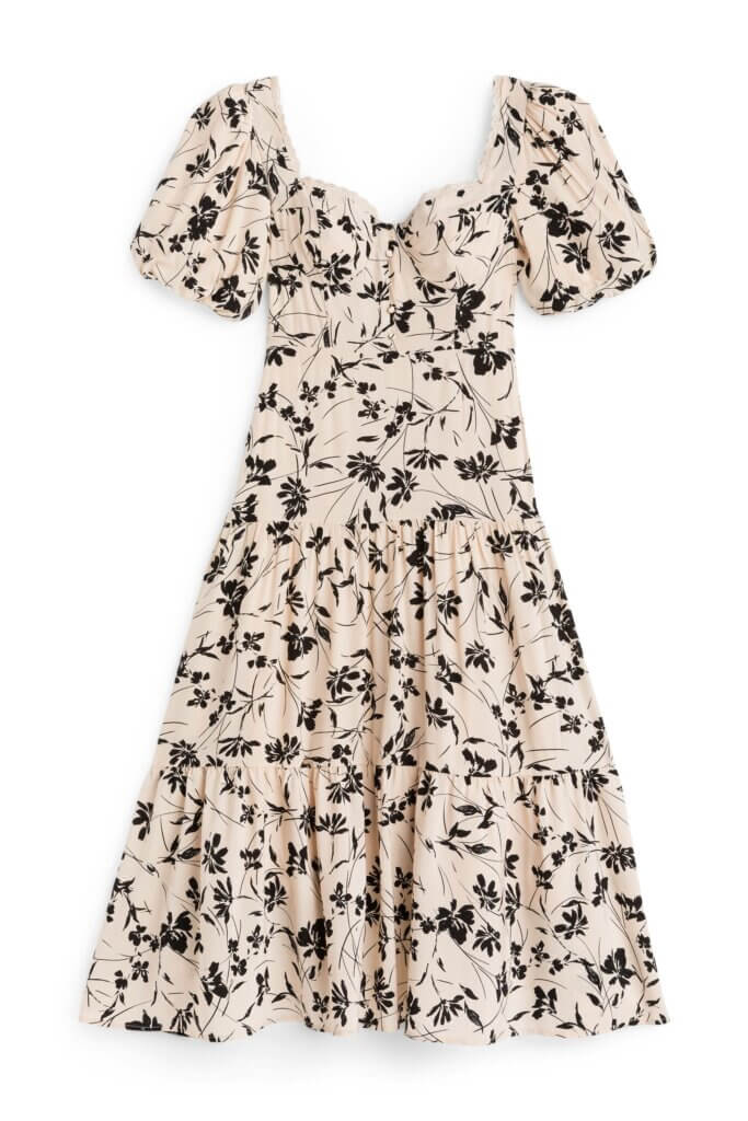 Stitch Fix women’s printed tiered maxi dress with puff sleeves and sweetheart neckline.