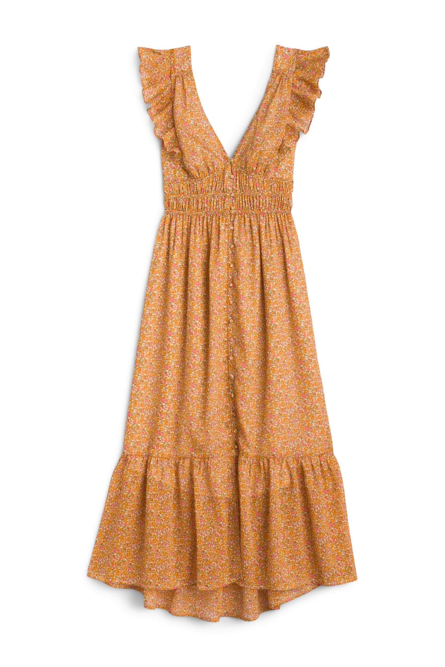 Stitch Fix women's orange micro-floral print dress with ruffle details.