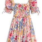 Stitch Fix women's floral short-sleeve smocked mini dress.