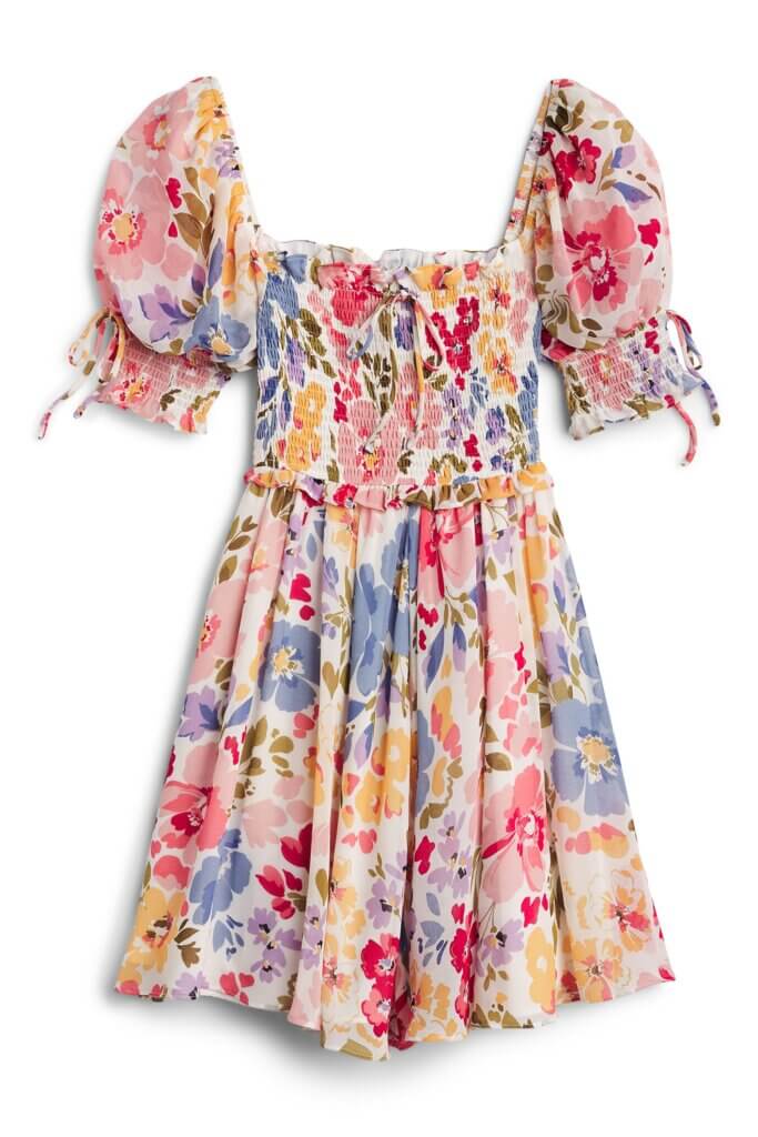 Stitch Fix women's floral short-sleeve smocked mini dress.