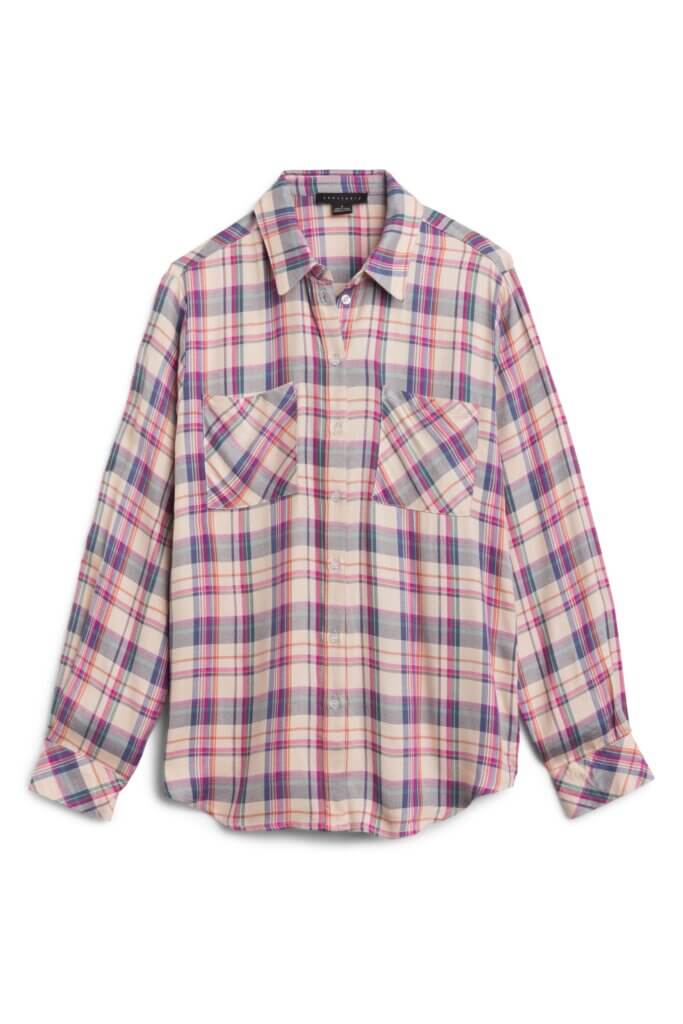 Stitch Fix women's plaid long-sleeve button-down shirt.