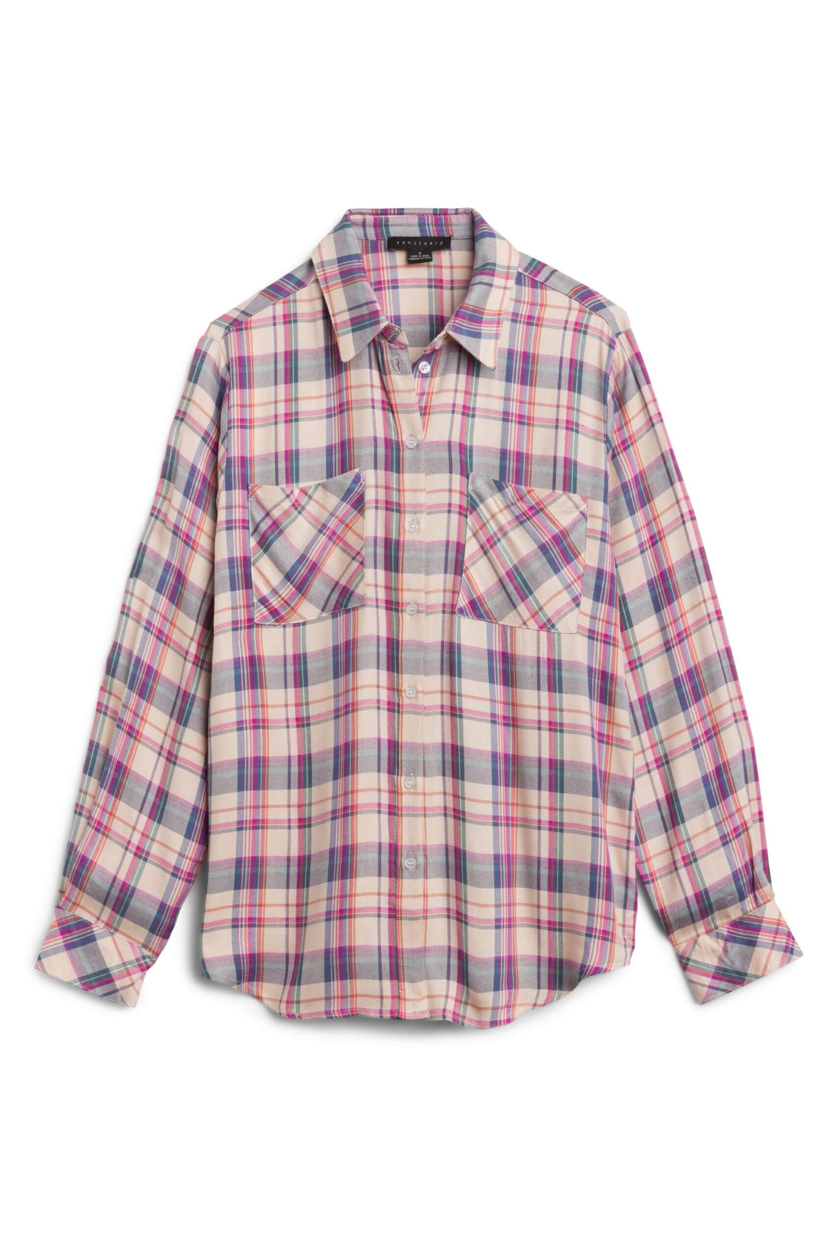 Stitch Fix women's plaid long-sleeve button-down shirt.