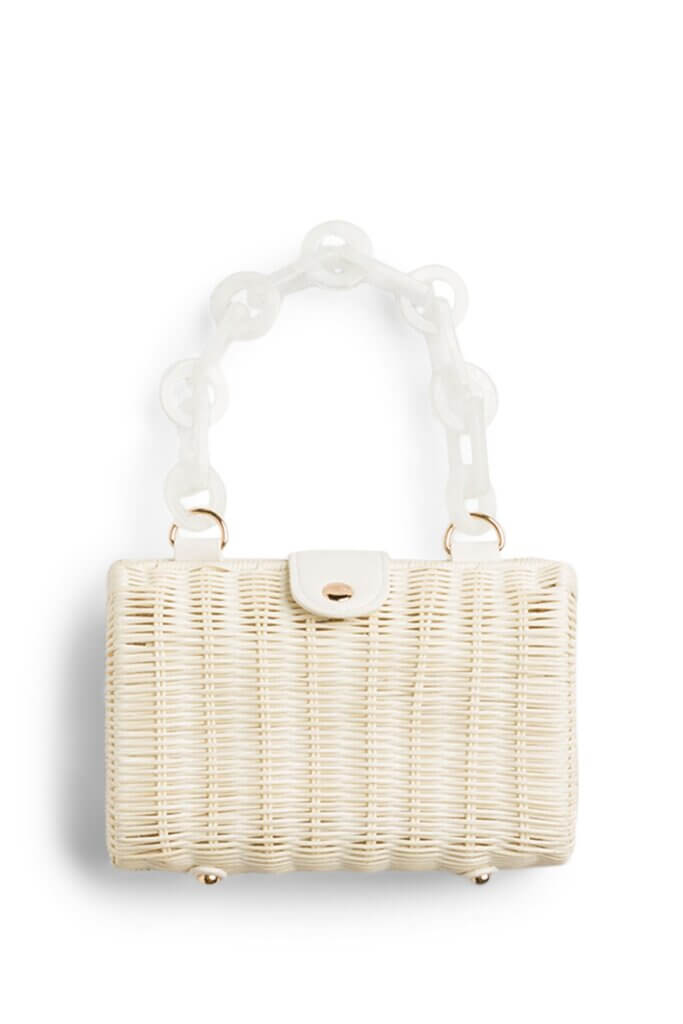 Stitch Fix women’s woven purse with white chain strap.