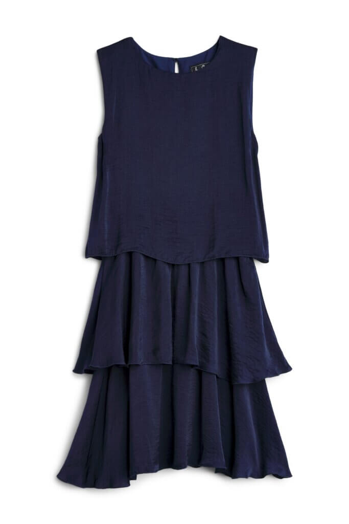 Stitch Fix women’s sleeveless tiered navy blue dress for a wedding.