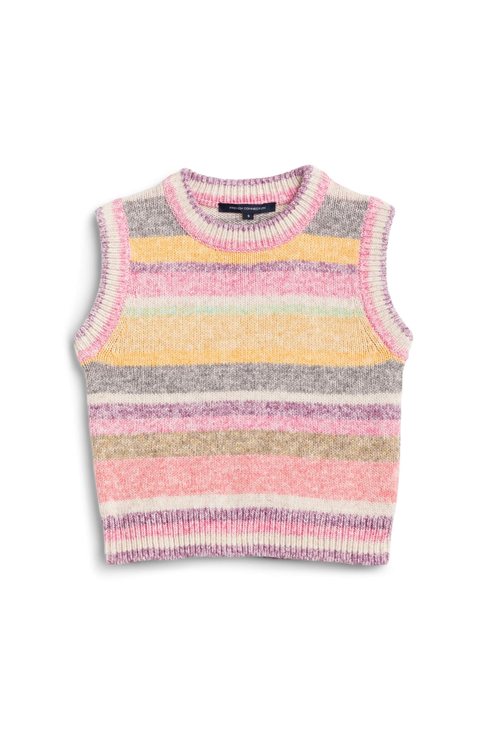Stitch Fix women’s striped sleeveless sweater in various shades of pink, purple and neutral colors.