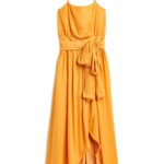 Stitch Fix women’s goldenrod yellow high-low hem maxi dress with tie waist.