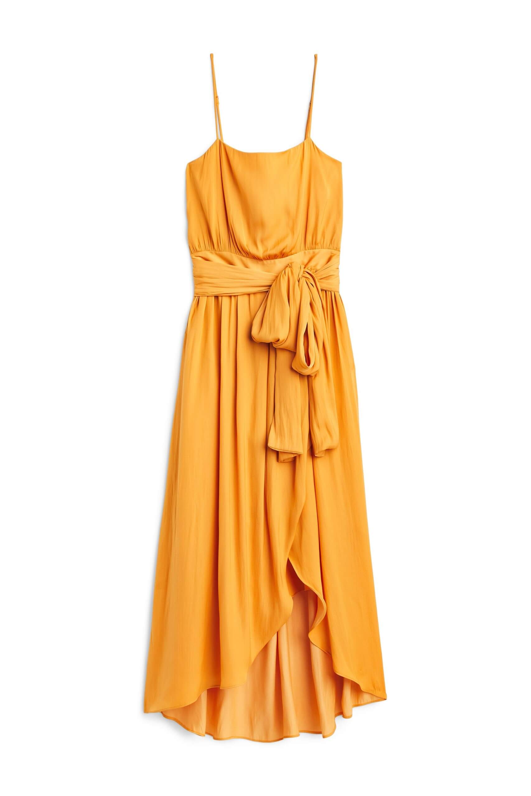 Stitch Fix women’s goldenrod yellow high-low hem maxi dress with tie waist.