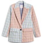 Stitch Fix women’s light blue and blush color-blocking plaid blazer.