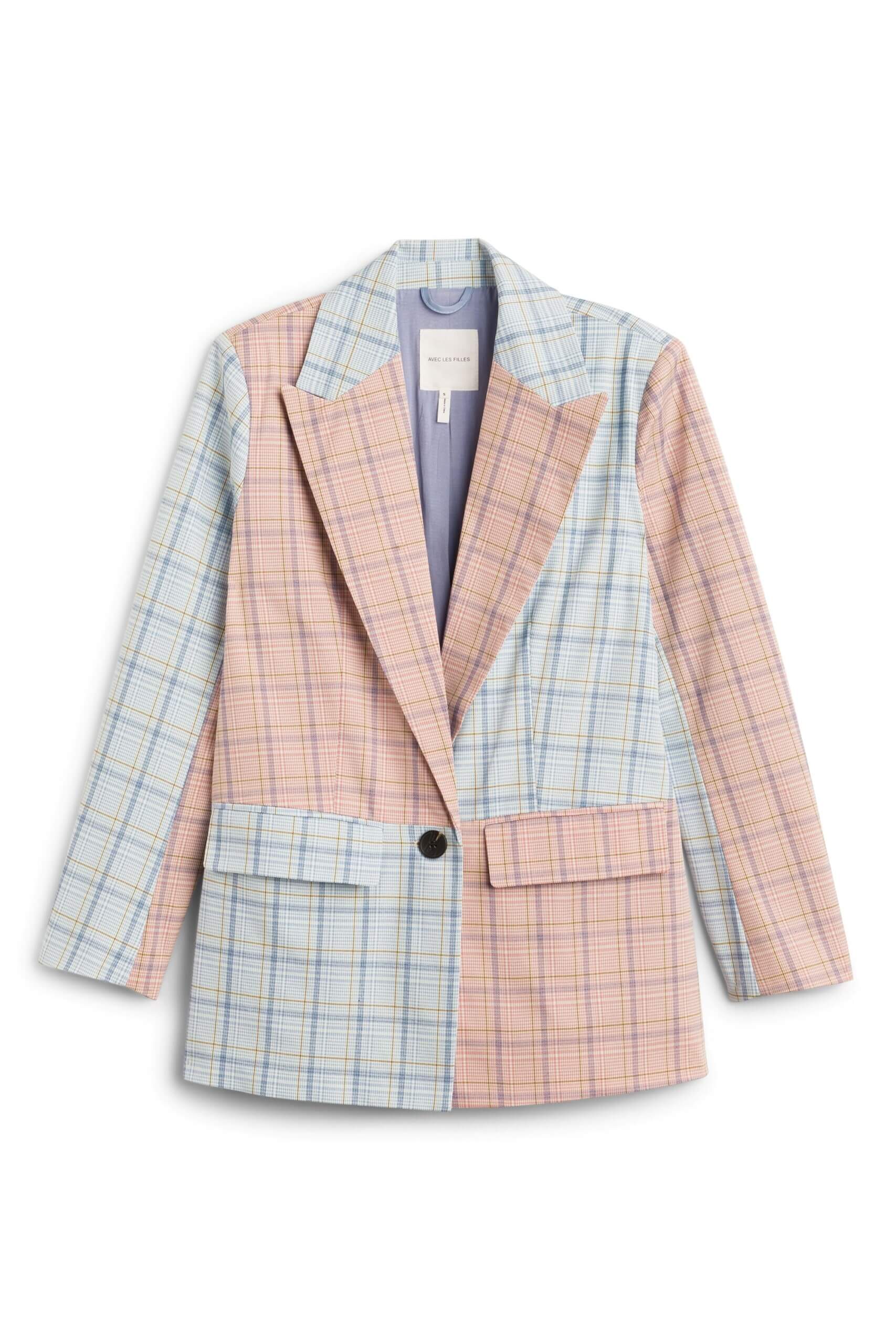 Stitch Fix women’s light blue and blush color-blocking plaid blazer.